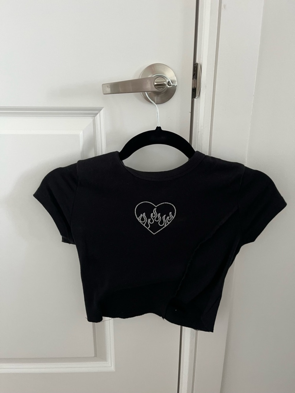 Garage Black Cropped Tee with Rhinestone Flame Heart
